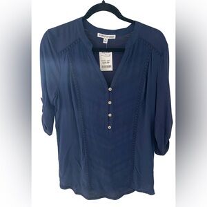 Navy Button Down Shirt with Embroidery Front.   1/2 Placket Pearl Button Closure